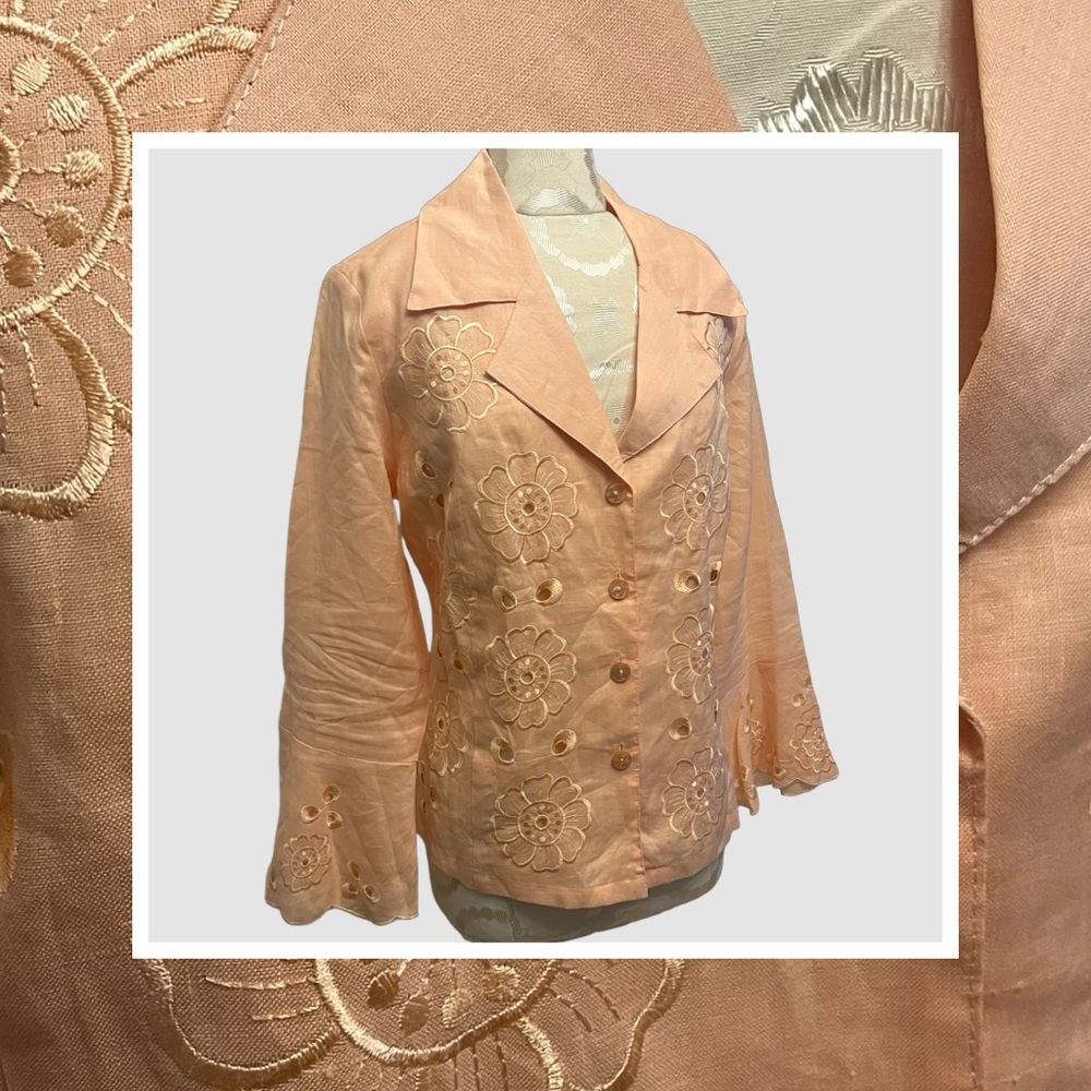 Vintage Elegant Coral Linen Blazer with Intricate Embroidery by Why